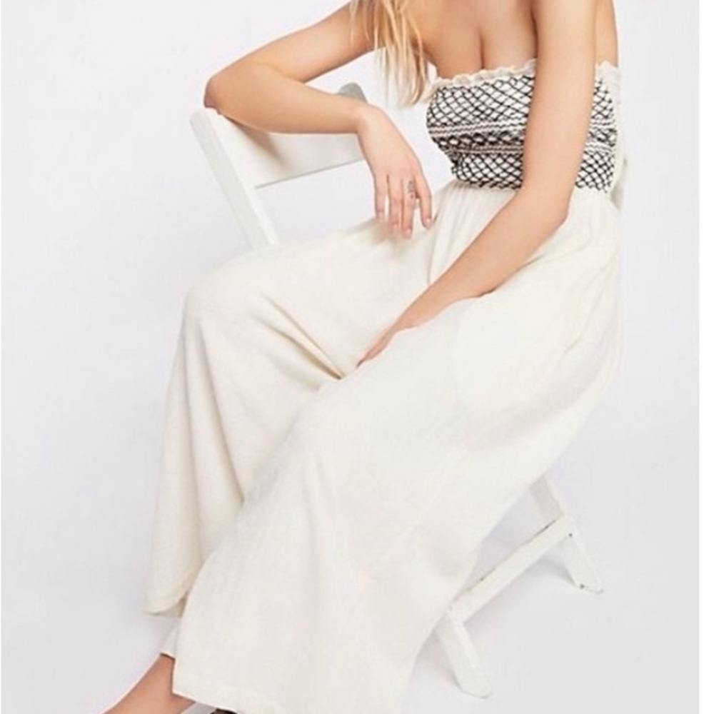 Free People Ivory Strapless Jumpsuit with Black Pattern-Size Small